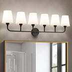 Kvhilw Bathroom Vanity Light, Matte Black Bathroom Light Fixtures, 6-Light Lighting Fixtures Over Miror, Modern Wall Sconce with Flared White Fabric Shade, E26 Socket(ETL Listed)