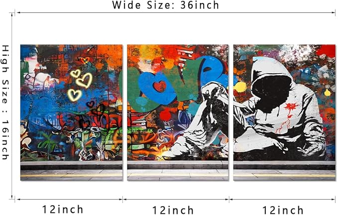 Novatique Graffiti Wall Art Banksy Canvas Wall Art Cool Art Wall Decor Abstract Graffiti Painting Artwork for Bedroom Living Room, 12" x 16" x 3Pcs