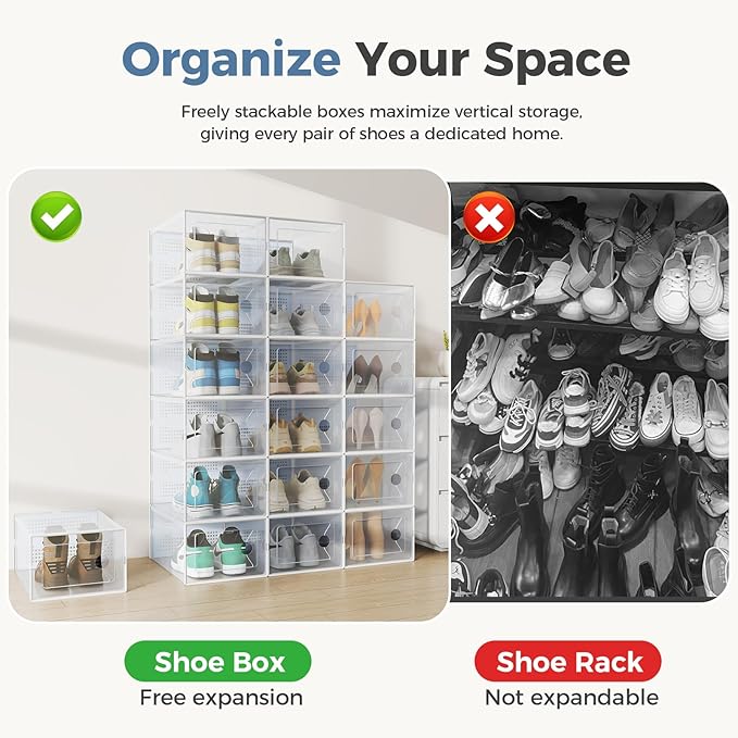 DUMOS Stackable Shoe Storage Boxes, 12-Pack Plastic Shoe Organizers with Lids, Large Shoe Rack & Holder for Closet, Under Bed, Entryway, Sneaker Display and Storage Containers, White