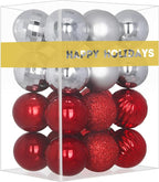 Silver & Red 1.6" Small Christmas Balls Christmas Tree Decoration Ornaments Shatterproof Hanging Balls for Birthday Halloween Holiday Wedding Decorations Set of 24pcs