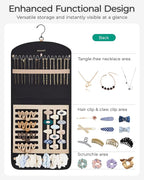 BAGSMART Hanging Jewelry Organizer Claw Clip Necklace Holder Roll for Hair Ties, Headbands, Clips, Earrings, Necklaces, Glasses Double-Sided on Closet, Wall, Door, 1 piece, Large-Black