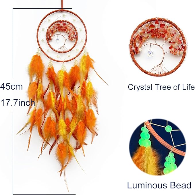 Orange Dream Catcher Wall Decor Crystal Tree of Life Dream Catchers with Luminous Bead Handmade Feather Dreamcatcher Wall Hanging Ornament for Bedroom Living Room Home Decor