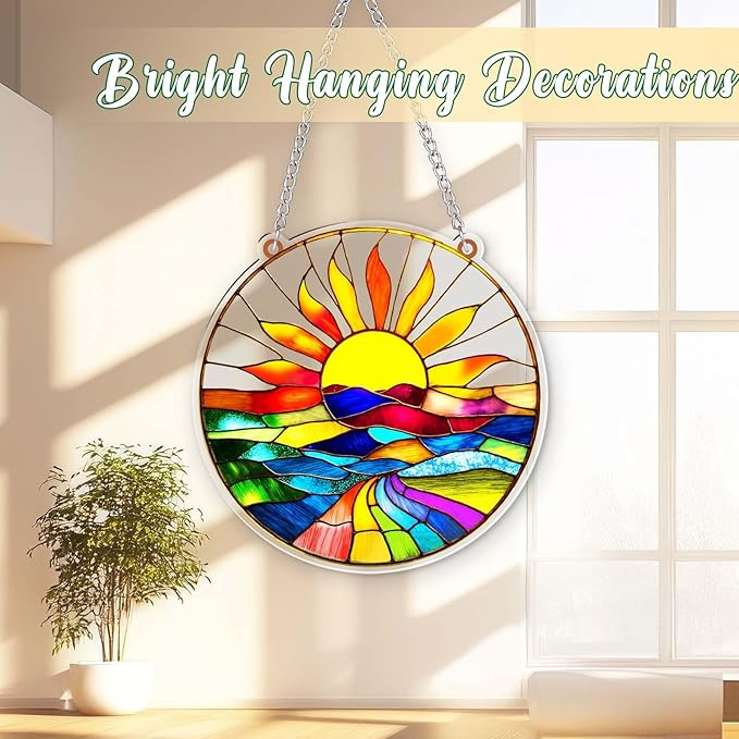 Acrylic Suncatcher for Windows, Colorful Acrylic Hanging Ornament for Indoor Home Decor, Sun Catcher with Sun Mountain Landscape, Ornament