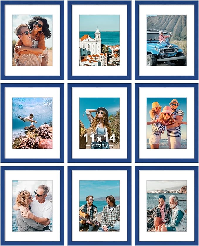 Vittanly 11x14 Picture Frames Set of 9, Shatter Resistant Plexiglass, Display 8x10 Pictures with Mat or 11x14 without Mat, Photo Frames for Wall or Tabletop, Engineered Wood, Blue