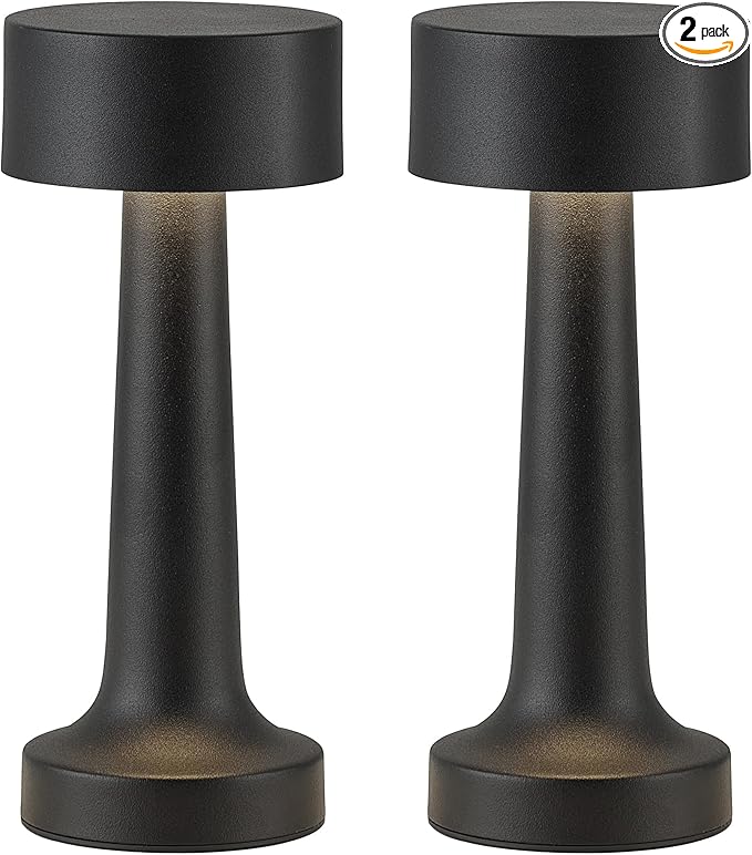 PUSU Cordless LED Black Small Table Lamps Set of 2, Portable Rechargeable 4000mAh Battery Operated Desk Lamp, 3 Color Stepless Dimming for Kids, Restaurant, Bedside, Outdoor, Bar, Night Light, Gift