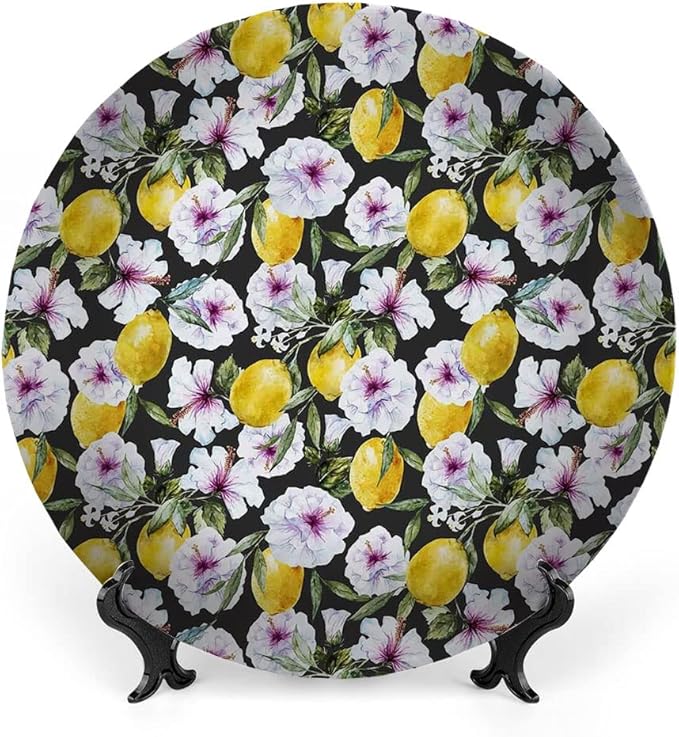 Ceramic Display Plate, Floral Ceramic Hanging Decorative Plate, Tropical Hibiscus Blossoms Petals with Lemons Nature, 7 Inch, Household Custom Ceramic Plate, Multicolor