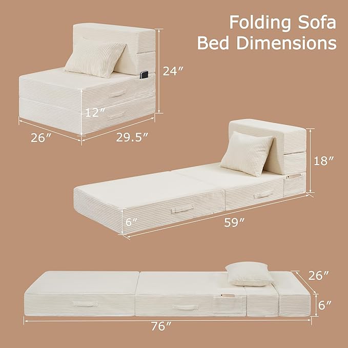 Folding Sofa Bed, 4 in 1 Convertible Sleeper Chair with Pillow, Single Memory Foam Fold Out Chair Bed, Modern Floor Futon Sofa Couch Mattress for Living Room/Guest/Apartment,Beige