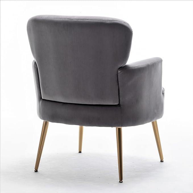Trendy Velvet Accent Chair with Gold Metal Legs, Upholstered Armchair for Small to Mid-Size Spaces, Modern Living Room, Bedroom, Vanity Desk and Entryway, Grey