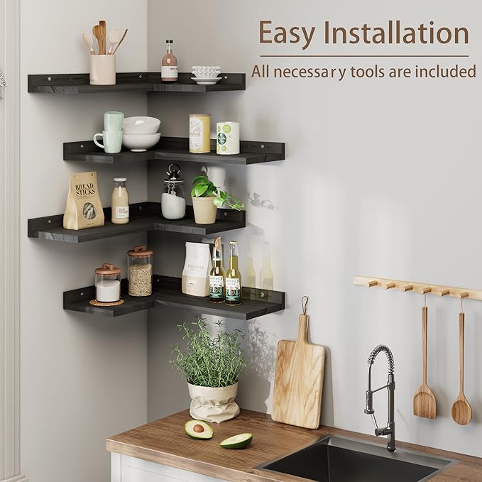 4 Tier Floating Corner Shelves Black Set of 4, Rustic Pine Wooden Floating Corner Wall Shelf for Wall Décor Storage, L Shaped Corner Shelf Wall Mount For Bedroom, Living Room, Bathroom, Kitchen.