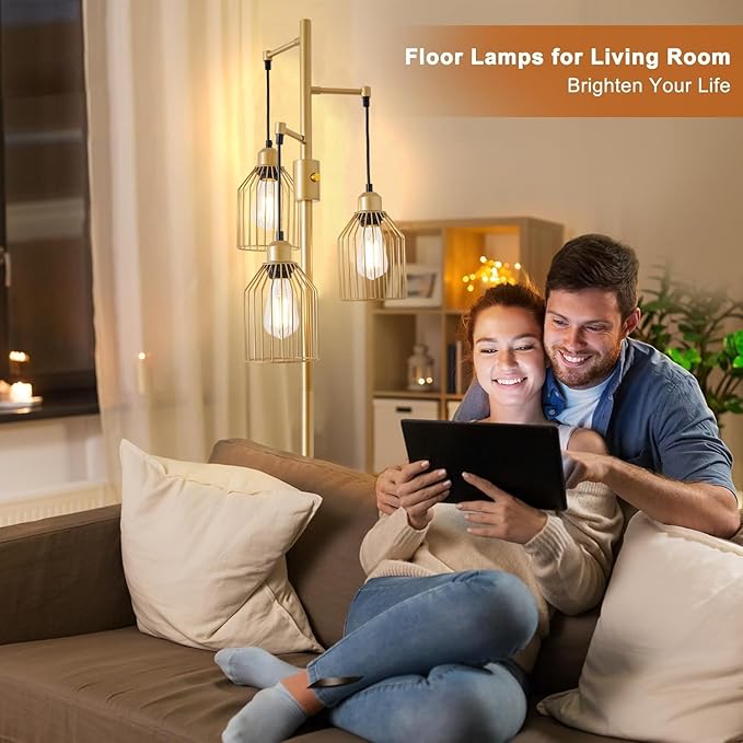 Dimmable Floor Lamp for Living Room, Farmhouse Floor Lamps with Elegant Hanging Cage, 3 x LED Edison Bulbs Included, 68.5" Industrial Standing Light for Bedroom Office Home Decor (Gold)