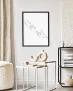 Minimalist Reaching Hands Wall Art Continuous Line Drawing Connection Symbol 16x20 Inch Oak Wood Black Framed Aesthetic Modern Decor Print for Bedroom Living Room