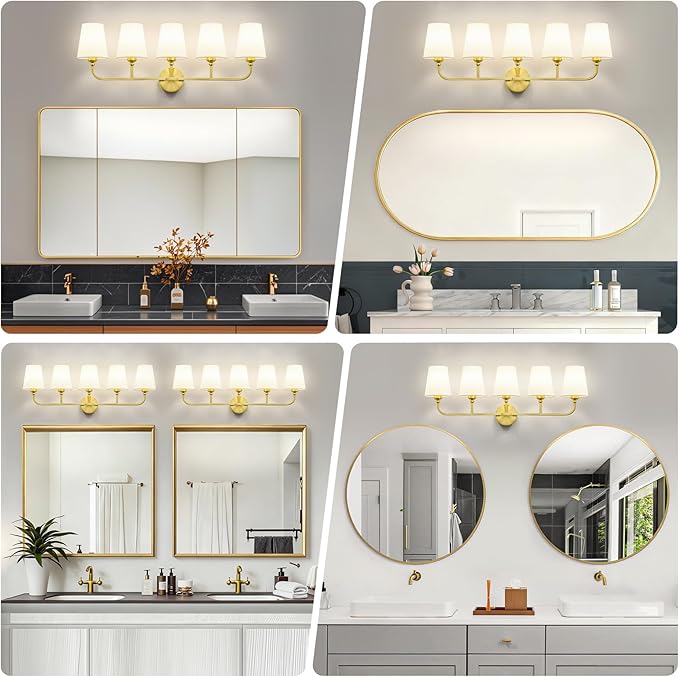 Kvhilw Bathroom Vanity Light, Brushed Gold Bathroom Light Fixtures, 5-Light Lighting Fixtures Over Miror, Modern Wall Sconce with Flared White Fabric Shade, E26 Socket(ETL Listed)