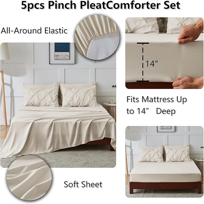 CozyLux Twin Comforter Set with Sheets Beige, 5 Pieces Pintuck Bed in A Bag, Twin Bed Set Gift for Family, Pinch Pleat Bedding Set with Comforter, Sheets, Pillowcase & Sham