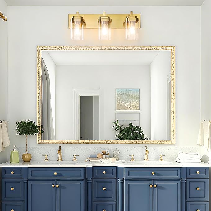 Vanity Light Fixture,3-Light Vanity Light for Bathroom,Brushed Gold Bathroom Vanity Lighting Over Mirror with Square Clear Glass Shade for Restroom