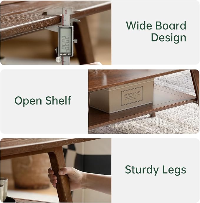 100% Solid Wood Coffee Table for Living Room, 31.5" Small Tables with Shelf Storage, Mid Century Modern Storage Coffee Table with Rounded Corners (Oak Wood Walnut Color)