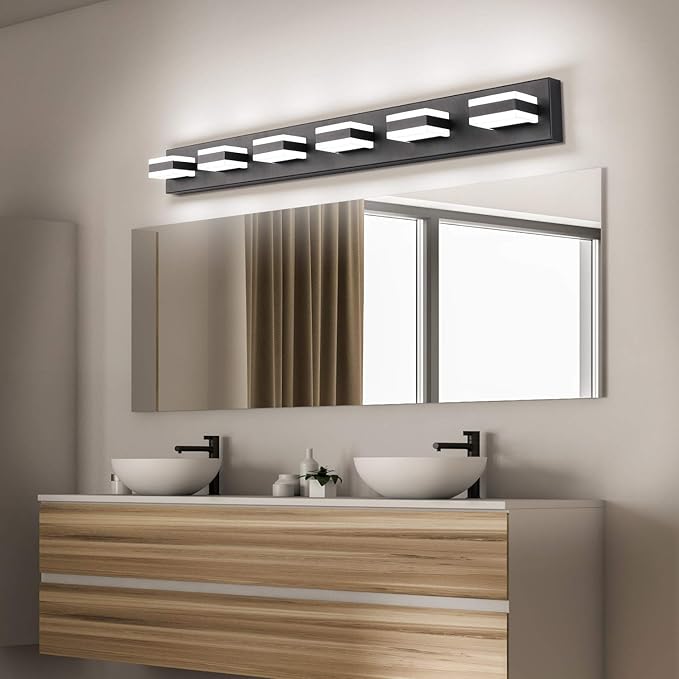 SOLFART Bathroom Light Feature Modern LED Dimmable Matt Black Bathroom Vanity Light 6 Lights Acrylic Vanity Light Over Mirror