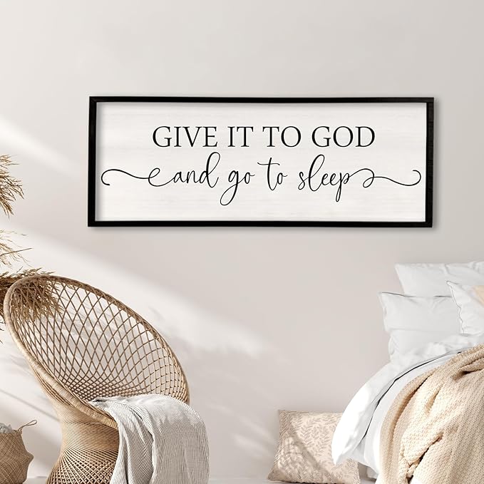 Surfapans Give It To God And Go To Sleep Sign Wall Decor Above Bed 32"x12" Master Bedroom Guest Room Over Bed Wood Rustic Framed Wall Art (Black)