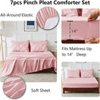 CozyLux Queen Comforter Set Pink, 7 Pieces Pintuck Bed in A Bag, Premium Pink Comforter Queen Size, Pinch Pleat Bedding Sets with Comforter, Sheets, Pillowcases & Shams