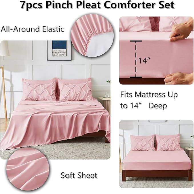 CozyLux Full Size Comforter Sets Pink, 7 Pieces Pintuck Bed in A Bag Pink Comforter Full Size, Pinch Pleat Bedding Sets with All Season Comforter, Sheets, Pillowcases & Shams