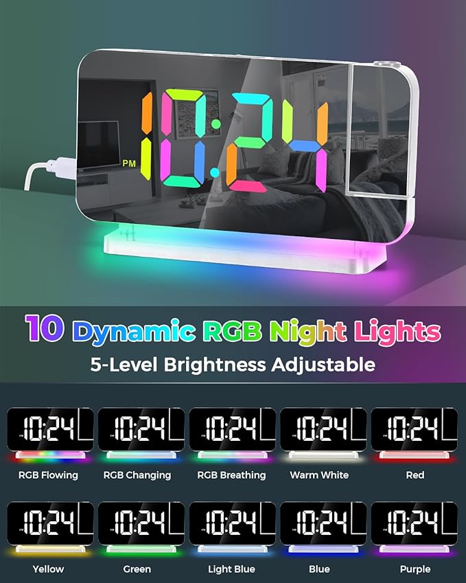 SZELAM Projection Alarm Clock,7.4" LED Mirror Digital Clocks Large Display,with 180° Rotatable Projector,RGB Night Light,USB C Port,Auto Dimming,Modern Desk Clock for Bedroom Decor - White