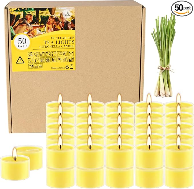 50 Pack Clear Tea Lights Candles Bulk, Summer Citronella Candle Outdoor and Indoor, for Birthday Emergency Home Garden(8 Hour, Yellow)