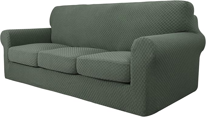 YEMYHOM Latest Checkered 4 Pieces Couch Covers for 3 Cushion Couch High Stretch Thickened Sofa Cover for Dogs Pets Elastic Slipcovers Living Room Furniture Protector (Army Green), 71"-91"(3 Cushions)