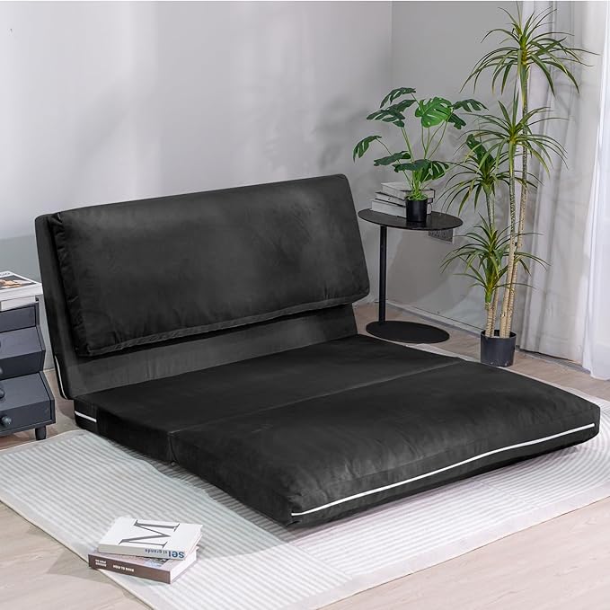 Bean Bag Chairs for Adults,Folding Sofa Bed,Floor Couch Bed, Foam Filling Fold Floor Mattress with Washable Soft Faux Fur Cover, Leisure Floor Couch for Bedroom Living Room(Black, Double)