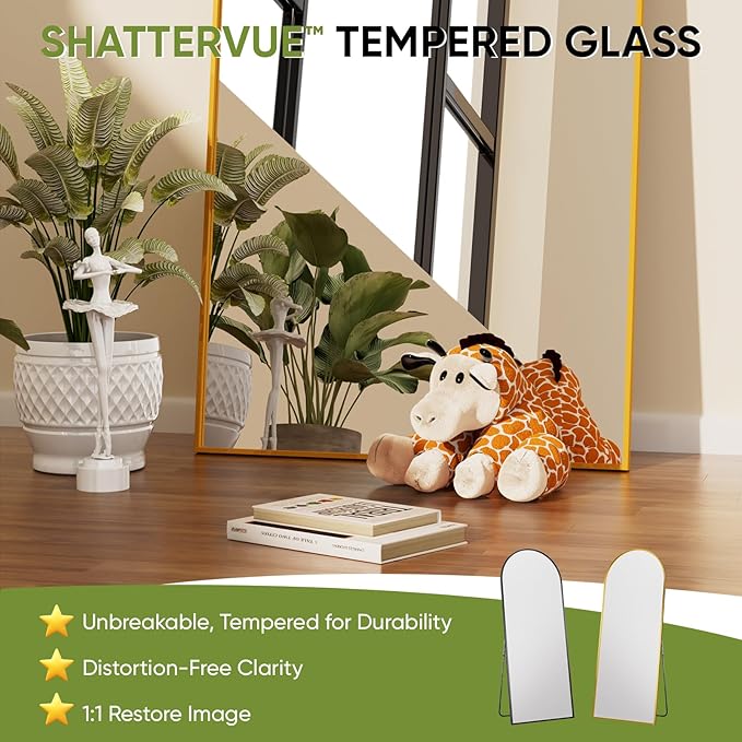 Full-Length Floor Mirror with Stand, 68"x26" Arched Style Full Body Standing Mirror for Bedroom, Living Room, Gym, Dorm - Shatter-Resistant & Easy Assembly, Gold