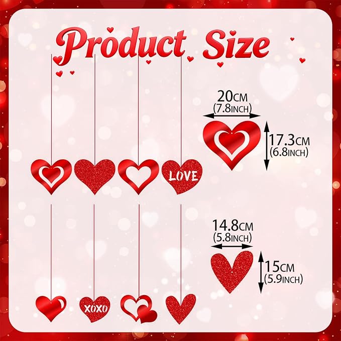 16 Pack Valentines Hanging Decorations, Glitter Valentine Hanging Hearts, Valentine Heart Ornaments for Valentines Day Party Supplies Decorations