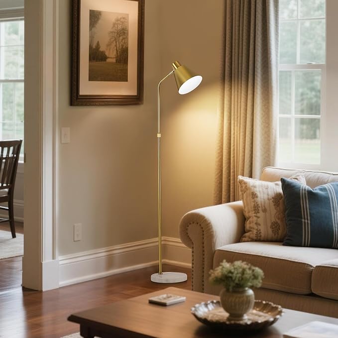 Modern Gold Reading Lamps Floor Standing, 12W Dimmable LED Vintage Brass Standing Lamp for Bedroom, Adjustable Heights Antique Brass Tall Floor Lamp, for Reading Home Corner Living Room