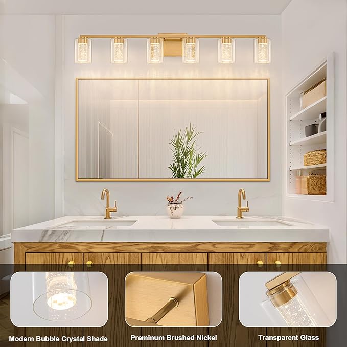 SineRise 6-Light Gold Vanity Light with 3 Color Modes (3000K/4000K/6000K), Eye Protection LED Bathroom Light Fixture, Dimmable Modern Wall Light Over Mirror with Clear Glass Shade