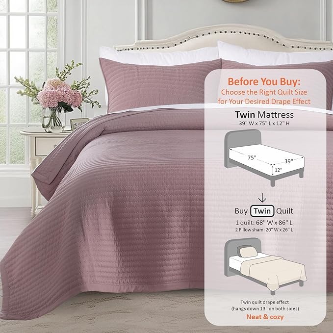 KASENTEX Twin Quilt Set 68"x86" – Soft Washed 3-Layer Lightweight Bedspread, Minimalist Nordic Design, All-Season Spring & Summer Quilt Set (1 Quilt + 2 Pillow Shams),Twilight Mauve Purple