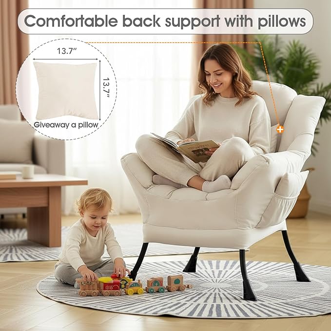 Lazy Chair for Living Room, Large Beige Lounge Accent Chair with a Throw Pillow, Leisure Sofa Chair Set, Comfy Reading Chair for Bedroom, Dorm Room, Office