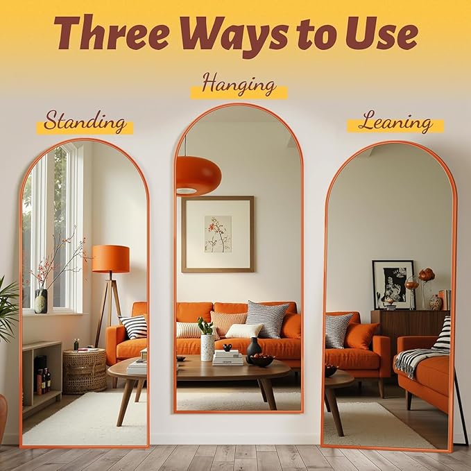 Antok Full Length Mirror, 58"x18" Floor Mirror, Arched Floor Standing Freestanding Arch Full Body Mirrors with Stand for Bedroom, Hanging Mounted for Living Room Cloakroom,Orange