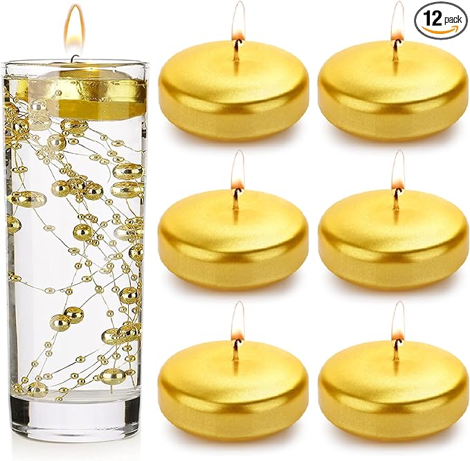 Floating Candles 3 Inch Unscented Dripless Wax 13-15Hours Burning, 12/24/36Pack Wedding Party Candles,for Centerpieces Suitable for Cylindrical Vases,Swimming Pool,Restaurant Decoration(12Pack,Gold)