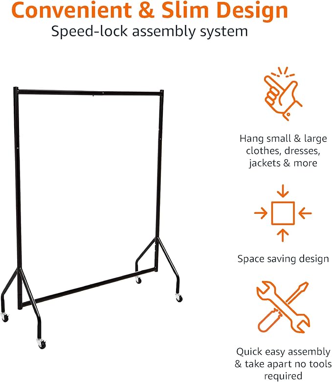 Amazon Basics Heavy Duty Rolling Garment Rack, Hanging Clothes Organizer Rail for Display and Storage, 1.21 x 1.52 m - Black