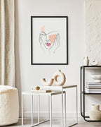 Aesthetic Face Wall Art Hands on Cheeks Continuous Line Drawing Abstract Pink Shapes 16x20 Inch Oak Wood Black Framed Modern Portrait for Bedroom Vanity