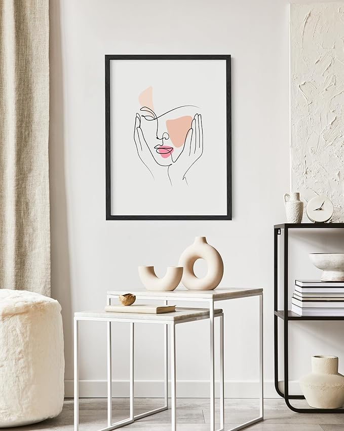 Aesthetic Face Wall Art Hands on Cheeks Continuous Line Drawing Abstract Pink Shapes 16x20 Inch Oak Wood Black Framed Modern Portrait for Bedroom Vanity