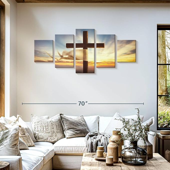 Elephant Stock Holy Cross Wall Art Multi Piece Canvas - 5 Panel Christian Pictures Decor - Digital Design Canvas Print - Christian Wall Decor - 55" X 24"
