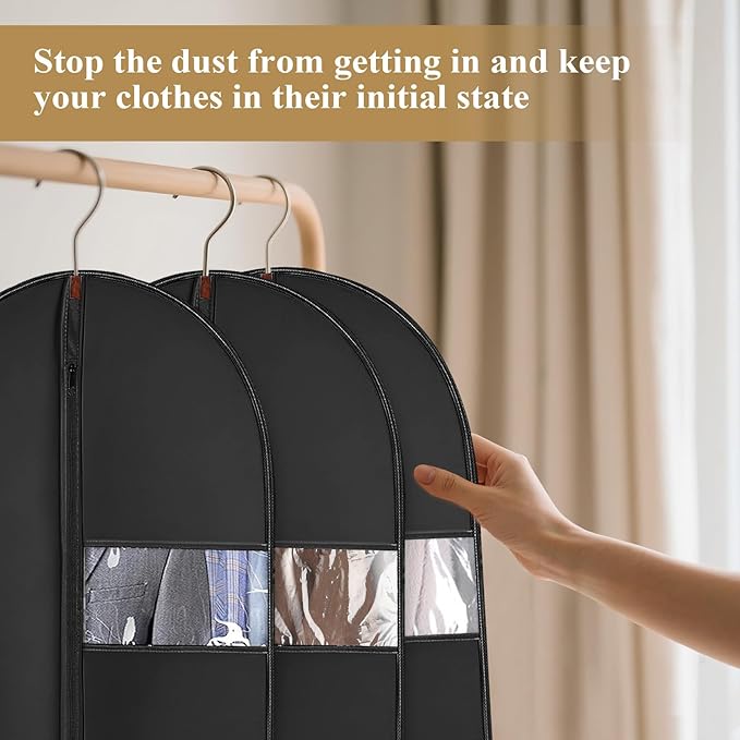 62-Inch Garment Bags Covers,Hanging Clothes Bag, Suit Cover Bags with Clear Window for Hanging Closet Clothes Storage and Travel (Black)