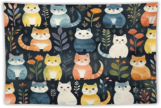 VUMIVI Cartoon Abstract Cat Tapestry Fun Cute Animals Plants Bohemian Modern Art Color Illustration Tapestry Wall Hanging for Living Room Bedroom Dorm Classroom Aesthetic Decor W60xL40in