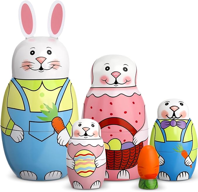 Gejoy Easter Nesting Dolls Russian Matryoshka Rabbit Wooden Handmade Nutcracker Nesting Dolls Collectible Gifts Set for Adults Home Decor