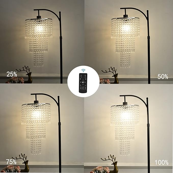 Arc Floor Lamp for Living Room Modern Floor Lamp with Remote Control,Dimmable Crystal Floor Lamps Black Standing Lamp with 10 Color Temperature Tall Chandelier Floor Lamps for Bedroom Corner