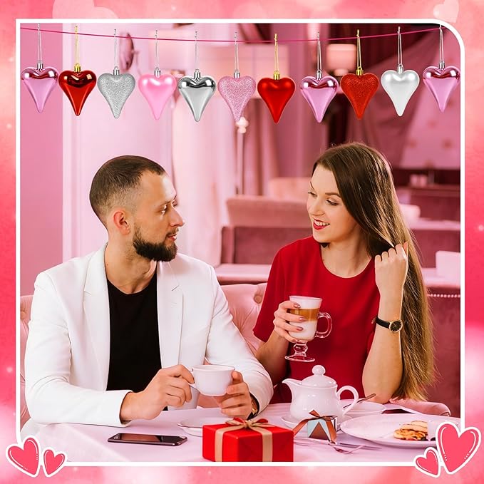 18 Pcs Valentines Tree Heart Ornaments Red Pink Silver Heart Shaped Valentines Tree Decorations 3 Style 3.2" Valentine Ornaments for Christmas Tree Anniversary,Wedding,Party Decoration