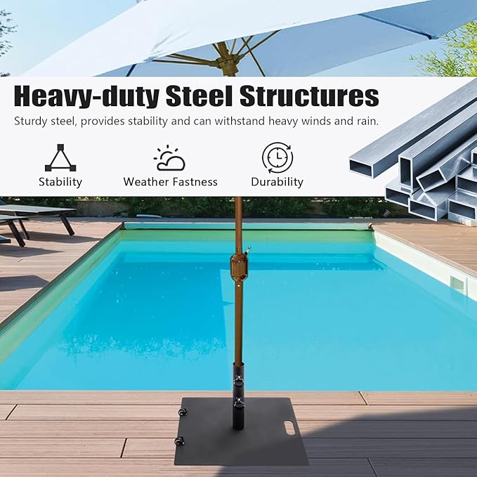 Heavy Duty Patio Umbrella Base with Wheels, Outdoor Umbrella Stand for Market Umbrellas, Square Steel Base, Wind-Resistant, Sturdy for Deck, Poolside, Balcony, Black
