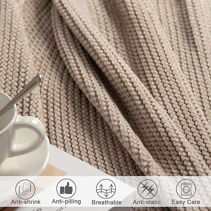 lifein Throw Blanket for Couch, Soft Boho Decor Bed Throw,Cozy Beige Knitted Chenille Small Farmhouse Lightweight Throw (Beige,60 * 80")
