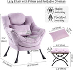 Lazy Chair with Ottoman, Modern Accent Chair with Lumbar Pillow, Velvet Light Purple Sofa, Lounge Chairs with Folding Footrest, Oversized Supportive Chairs for Bedroom, Reading