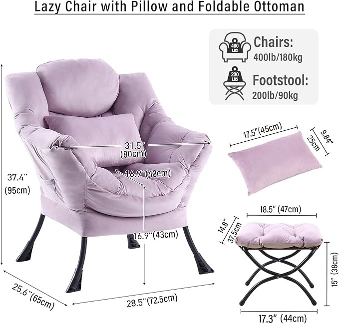 Lazy Chair with Ottoman, Modern Accent Chair with Lumbar Pillow, Velvet Light Purple Sofa, Lounge Chairs with Folding Footrest, Oversized Supportive Chairs for Bedroom, Reading
