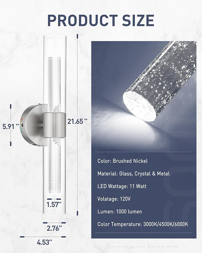 kudos Brushed Nickel Bathroom Sconces Wall Lighting, LED Bathroom Vanity Light Fixtures with Crystal Bubble and Clear Glass, 3000K/4500K/6000K Adjustable, KDVL05-BN-2