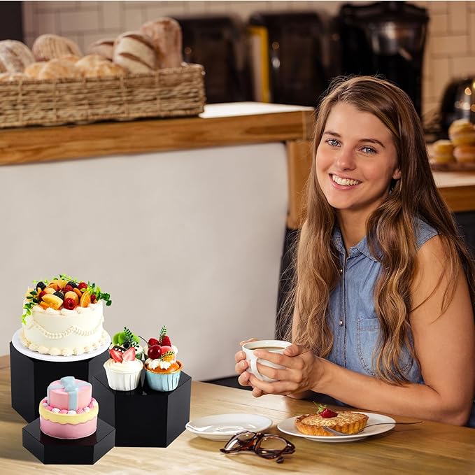 Leinuosen 6 Pcs Large Buffet Risers, 5.5 to 8 Inch Catering Dessert Table Risers Food Decorative Stands with hollow bottom for Catering Supplies, Party(Black, Hexagonal)